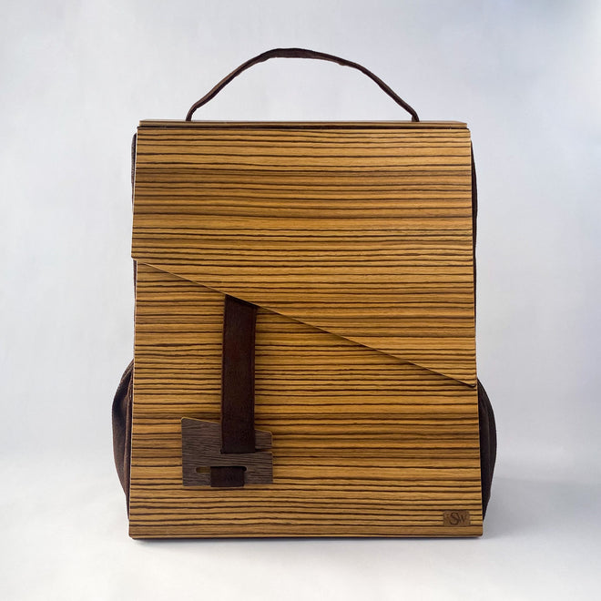 wooden backpack zebrano front